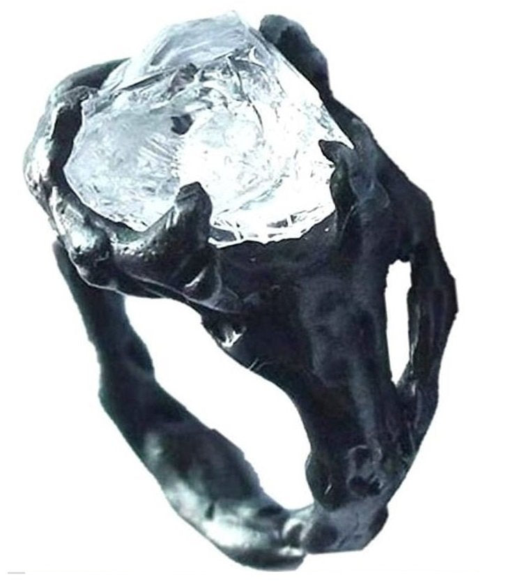 925 Sterling Silver Black Irregular White Rock Ring