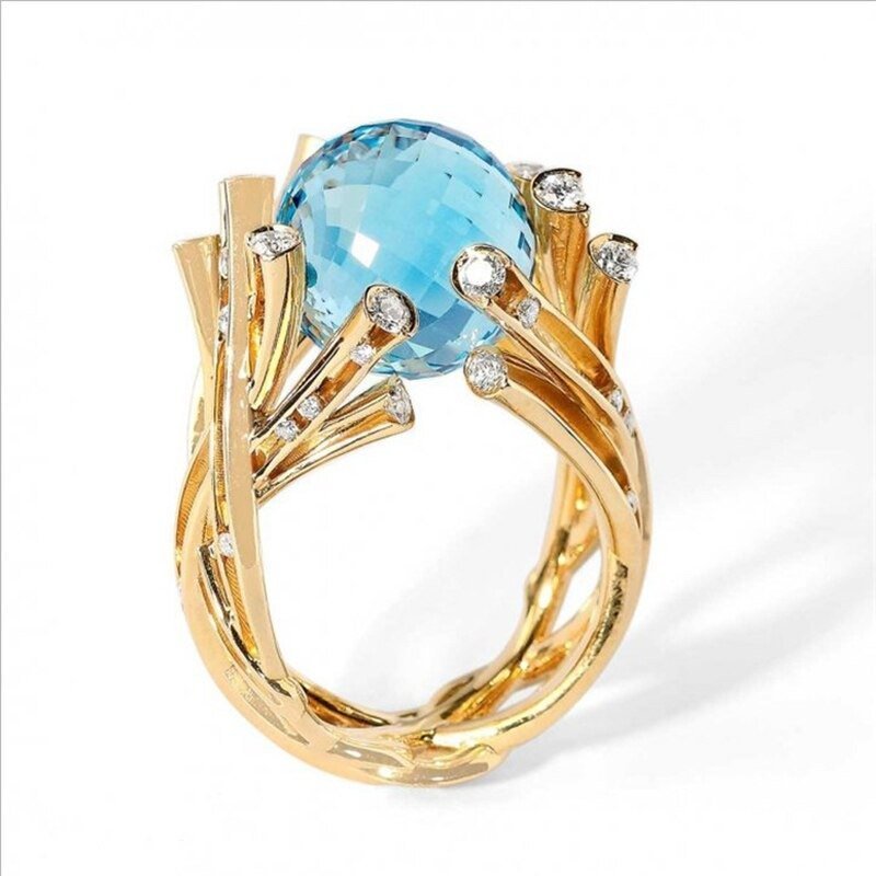 Creative Blue Crystal Ball Cocktail Golden Branch Ring