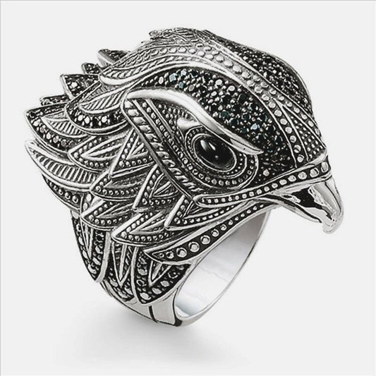 Huge Vintage Falcon Eagle Head Antique Silver Ring