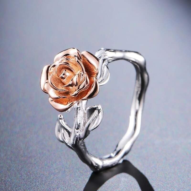 Handmade Silver Branch Red Rose Flower Leaves Cocktail Ring