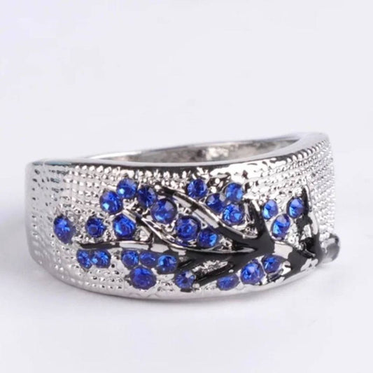 925 Sterling Silver Blue Tree Branch Leaves Blossom Ring