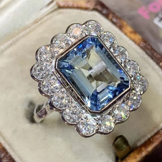 Elegant Inlaid Blue Aquamarine Rhinestone Silver Ring