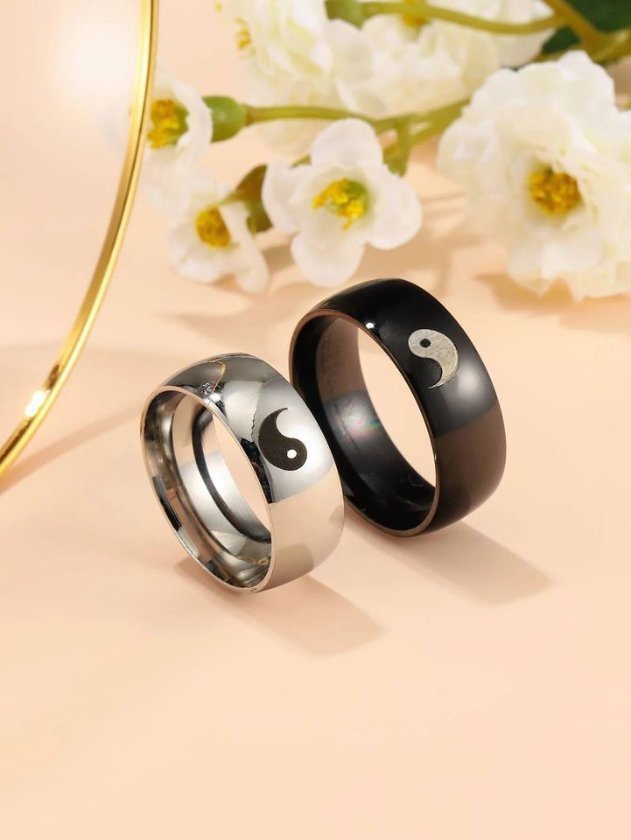 2pcs Stainless Steel Romantic Ying Yang Matching Couple Ring Set