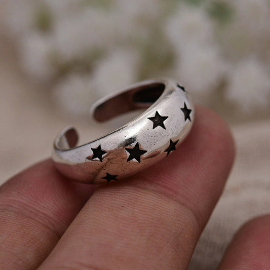 Retro Carving Stars Open Silver Ring