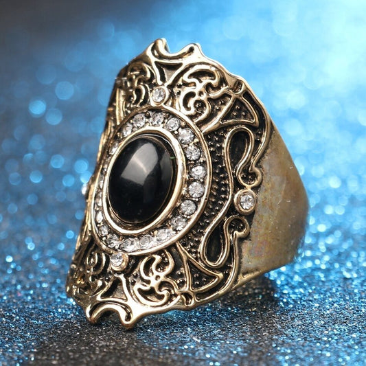 Black Resin Mosaic Large Turkish Ancient Gold Ethnic Ring