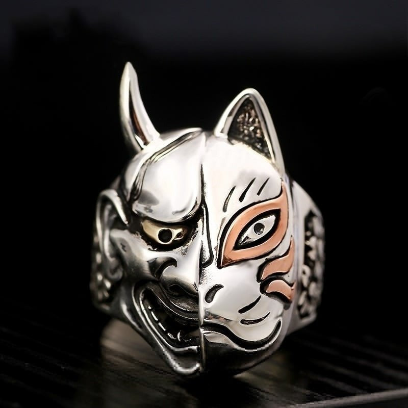 Japanese Prajna Hannya Mask Head Flower Silver Ring