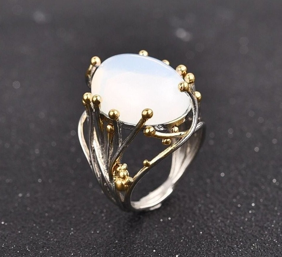 Big Geometric White Moonstone Vintage Silver Ring