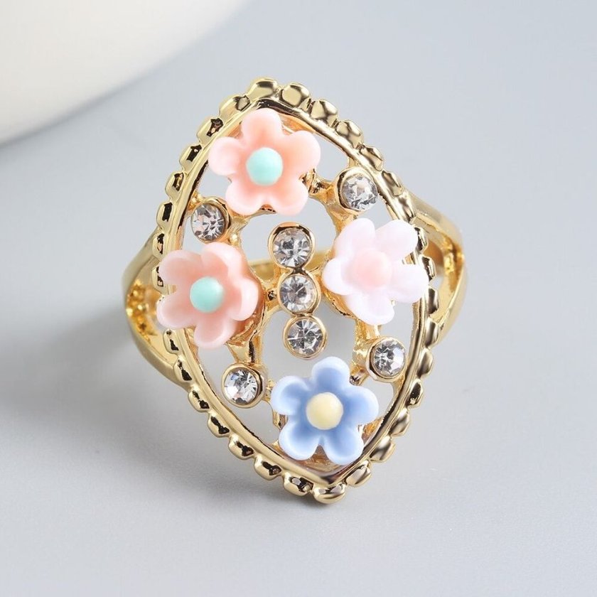 Handmade Colorful Floral Flowers Gold Tone Ring