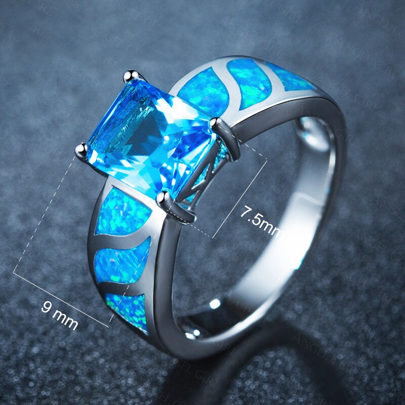 Rectangle Cut Blue Fire Opal Silver Ring