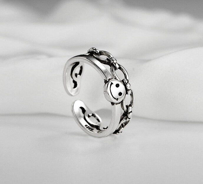 S925 Silver Punk Color Happy Smiling Face Retro Open Ring