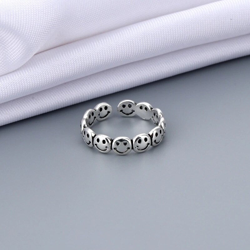 Sterling Silver Retro Smiling Happy Faces Open Emoji Ring