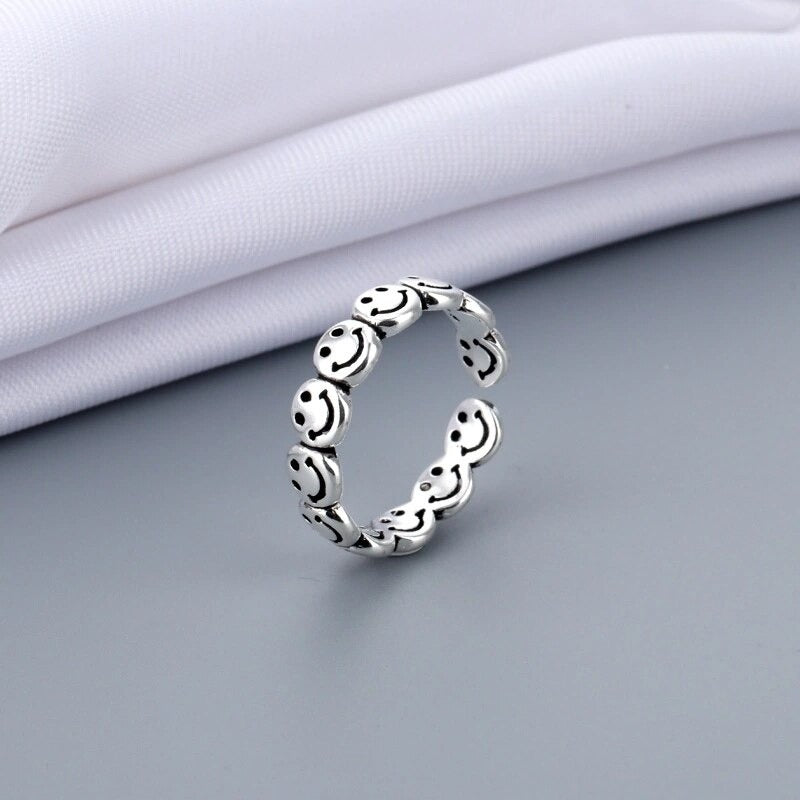 Sterling Silver Retro Smiling Happy Faces Open Emoji Ring