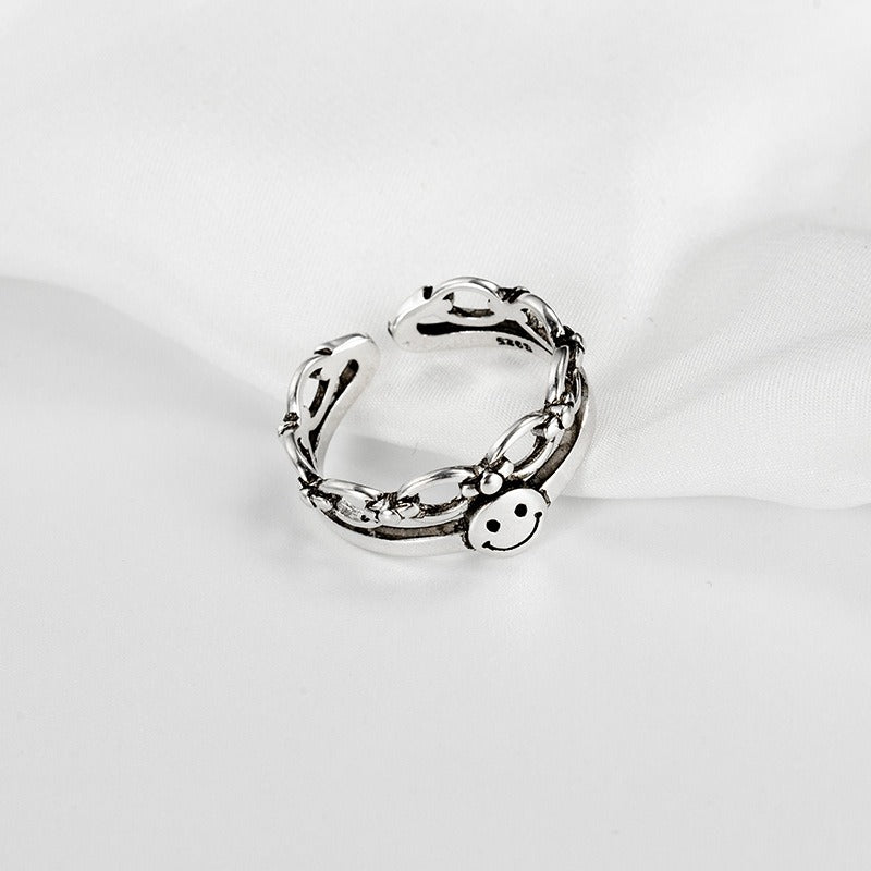 S925 Silver Punk Color Happy Smiling Face Retro Open Ring