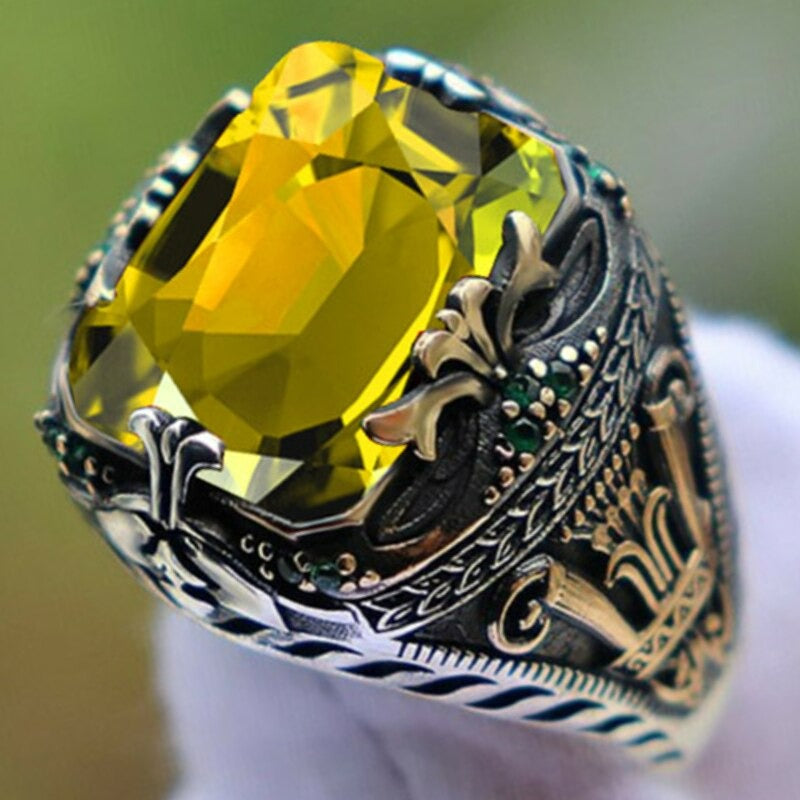 Men's Handmade Yellow Citrine Turkish Two Tone Ring