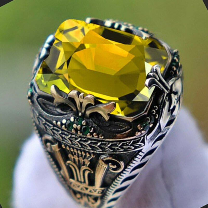 Men's Handmade Yellow Citrine Turkish Two Tone Ring