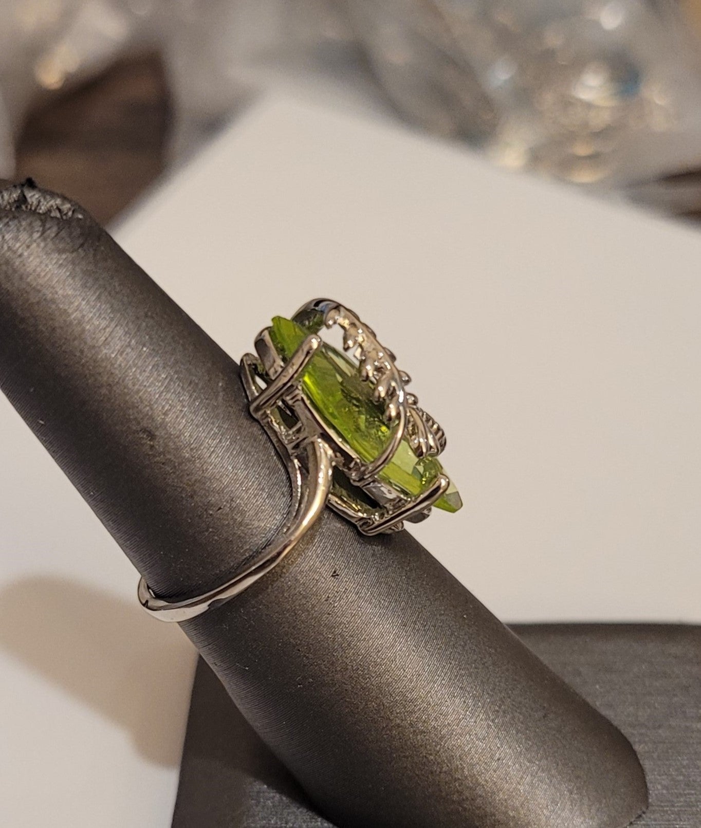 Big Olive Green Marquise Dragonfly Sterling Silver Ring