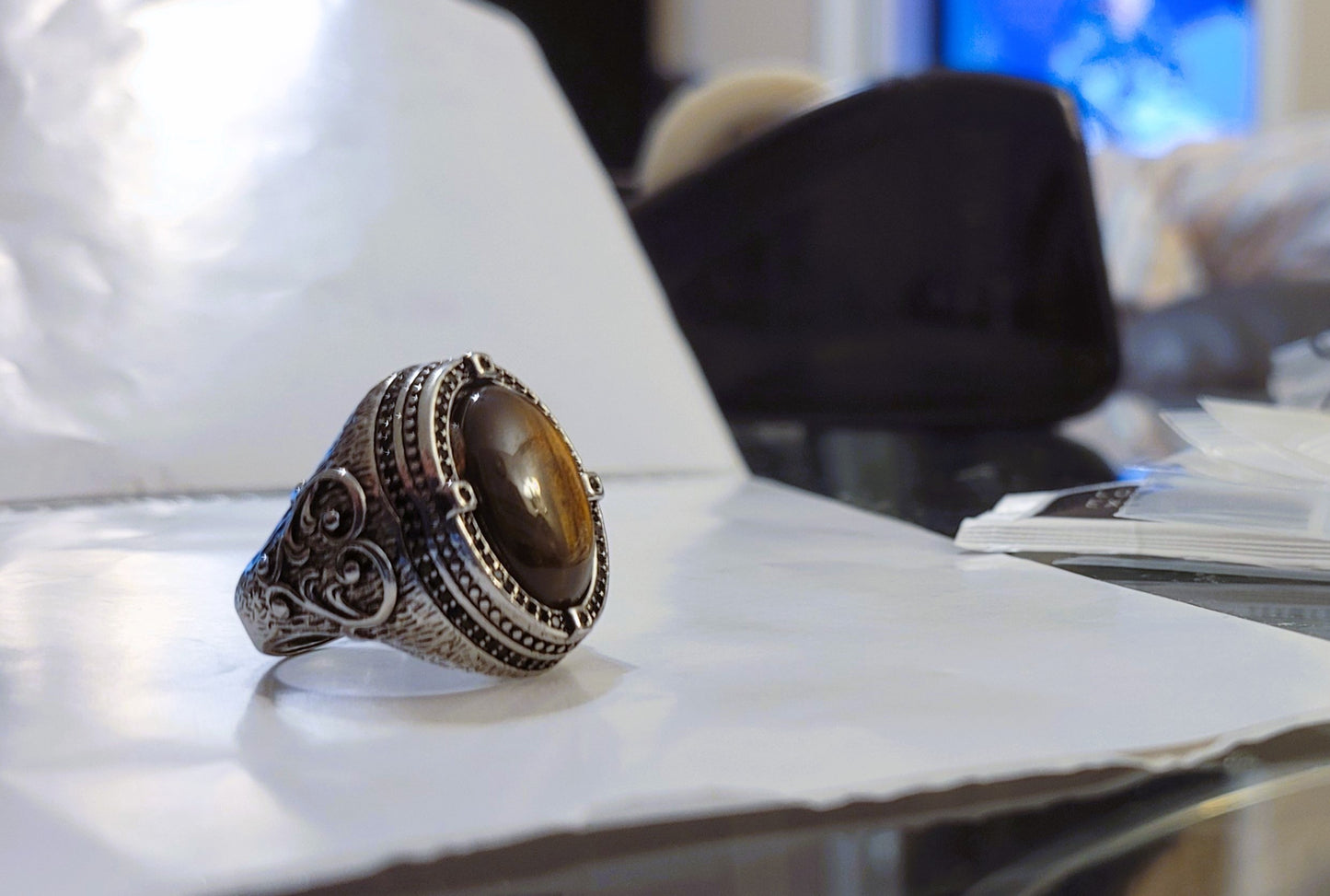 Men's Vintage Turkish Brown Tiger Eye Onyx Silver Ring