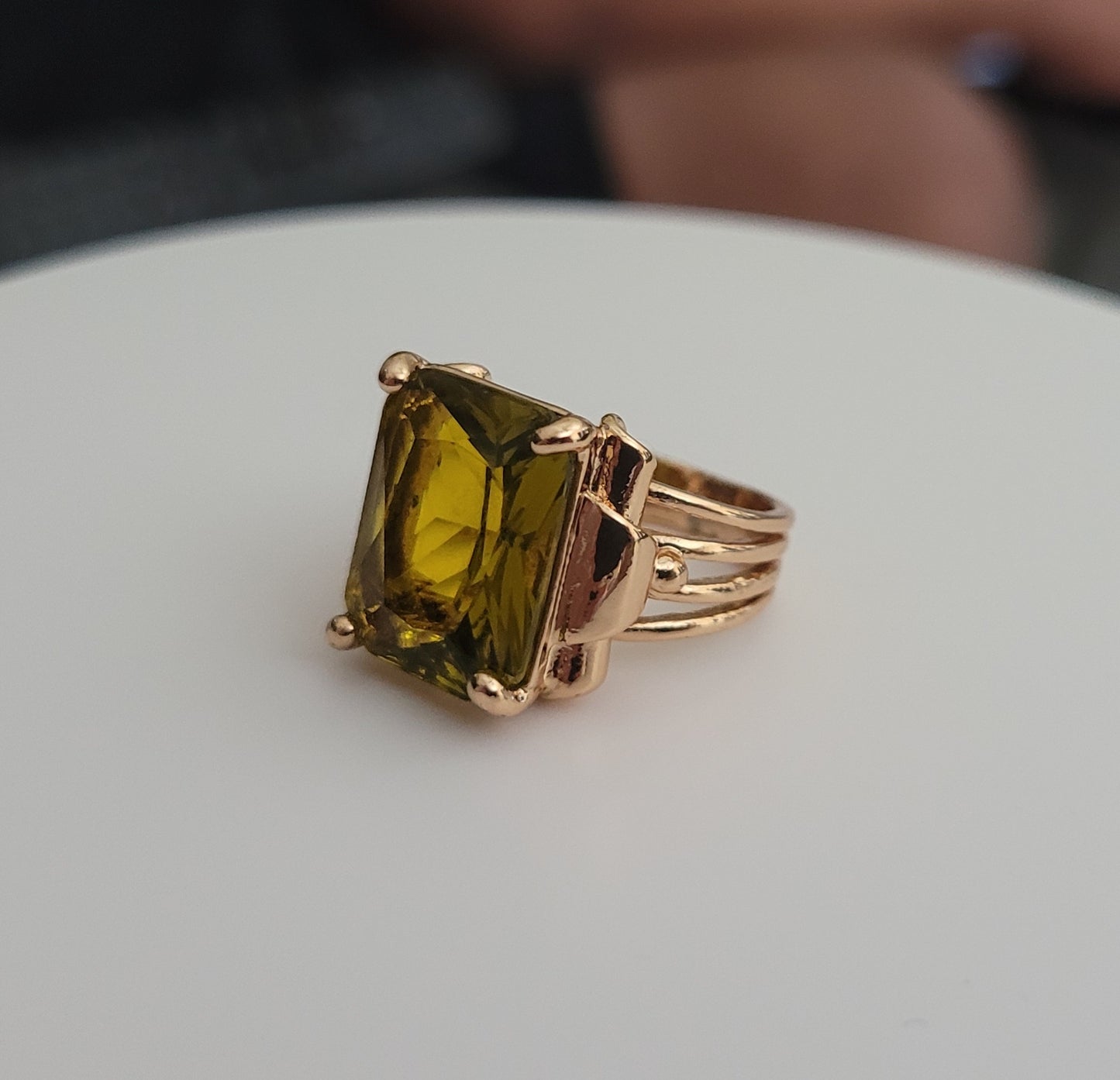 Vintage 15mm Princess Cut Yellow Coffee Rhinestone Retro Gold Ring