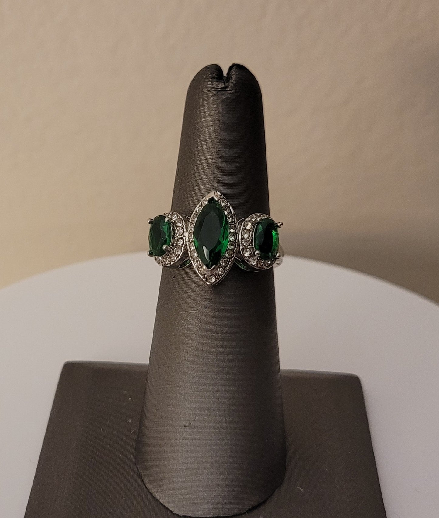 925 Sterling Silver 3-Stone Marquise Emerald Green Ring