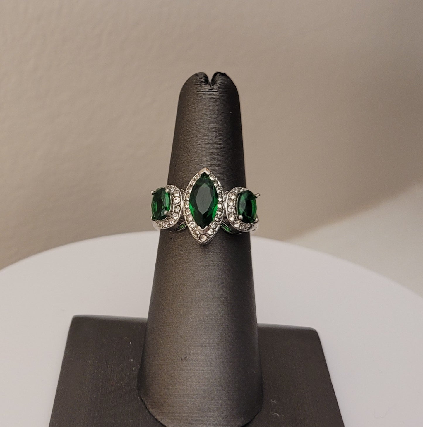 925 Sterling Silver 3-Stone Marquise Emerald Green Ring