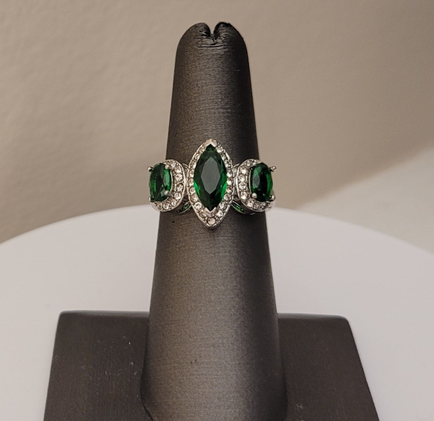 925 Sterling Silver 3-Stone Marquise Emerald Green Ring