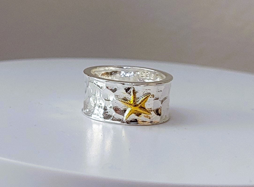 Wide 925 Sterling Silver Starfish Tidepool Ring