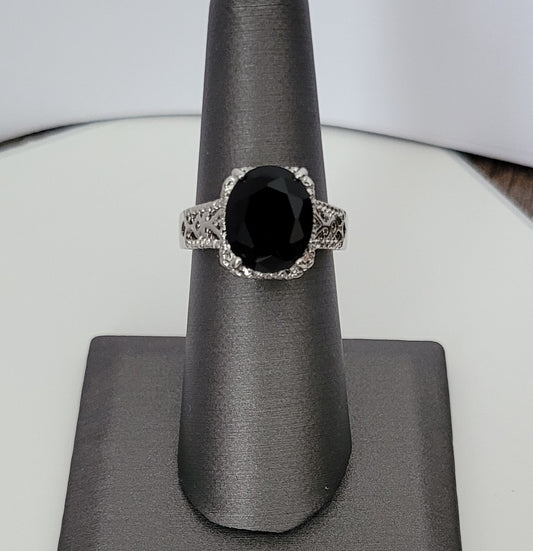 Hollow Out Oval Black Onyx Sterling Silver Ring