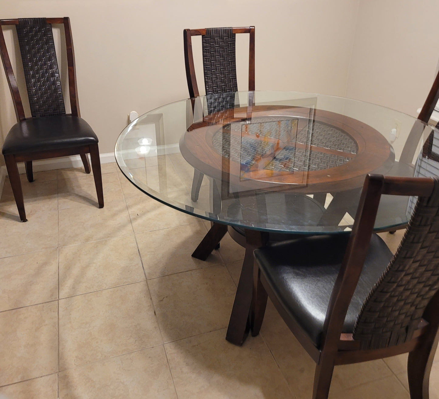 Large Round Glass Dining Table & 4 Chairs