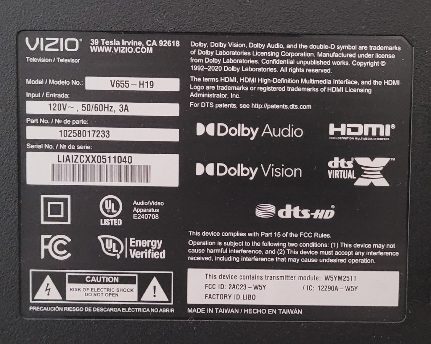 Vizio 65" 4K Smart TV V655-H19 & 2 Remotes