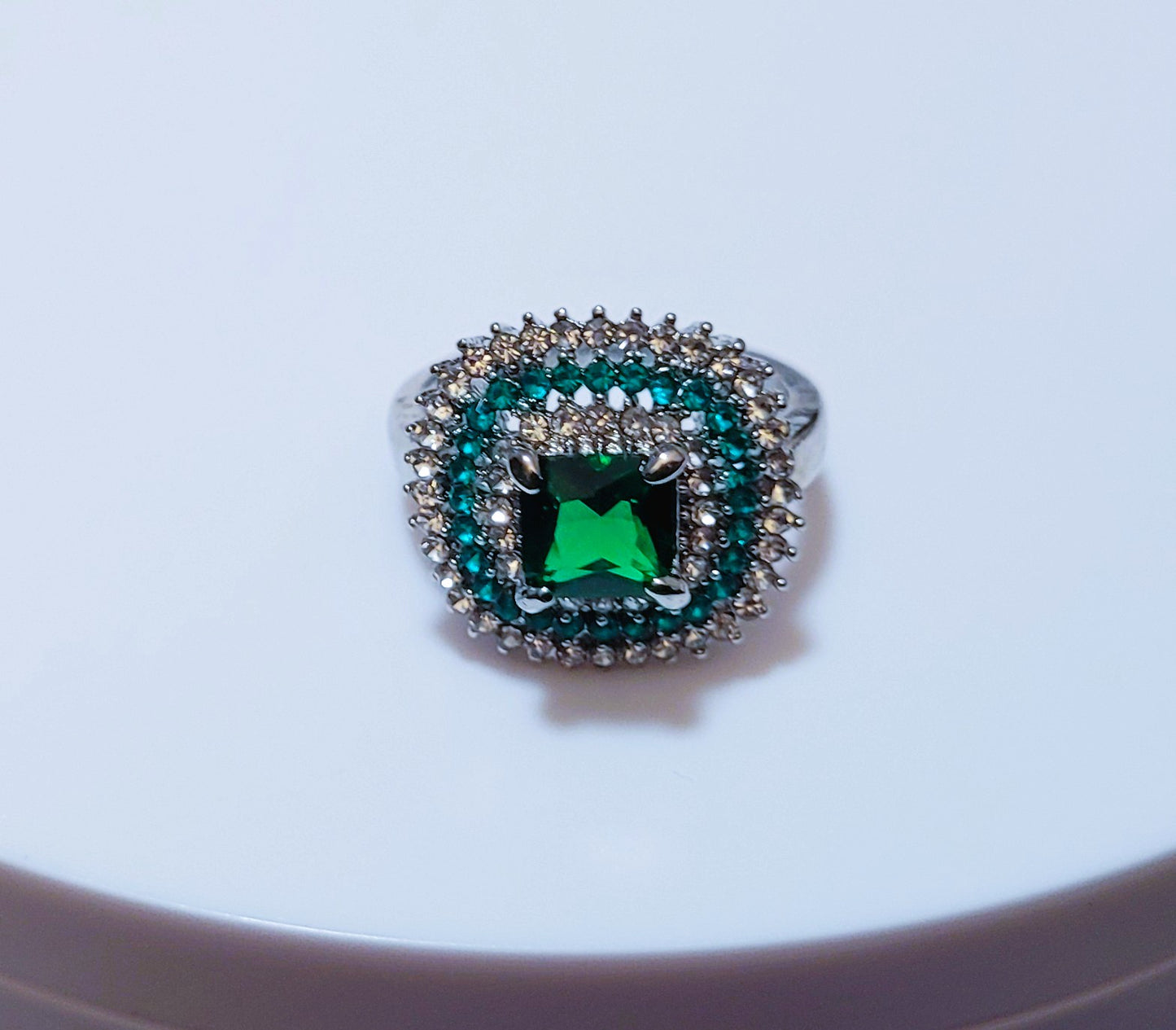 Vintage Emerald & White Sapphire Antique Silver Art Deco Ring