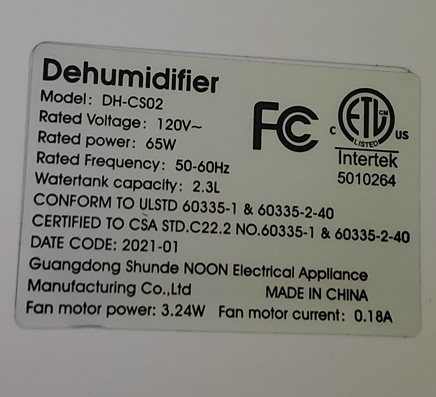 Portable Dehumidifier DH-CS02