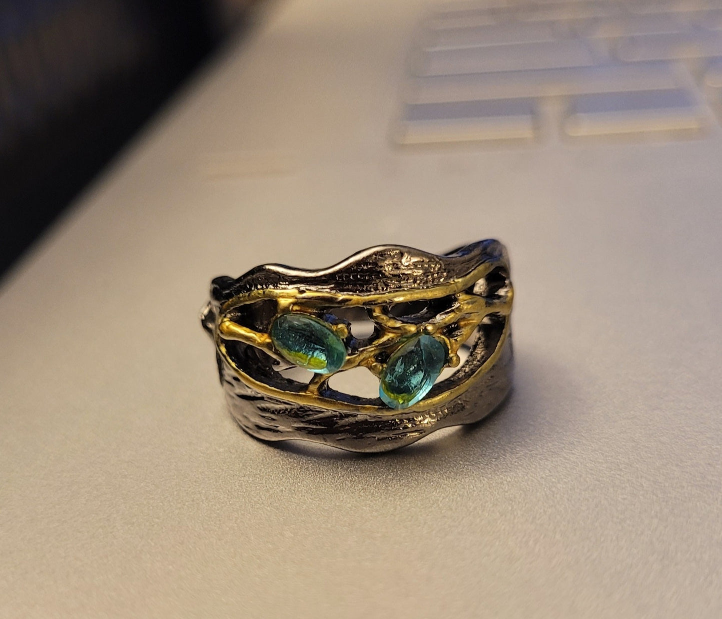 Handmade Blue Sapphire Golden Branch Black Retro Ring