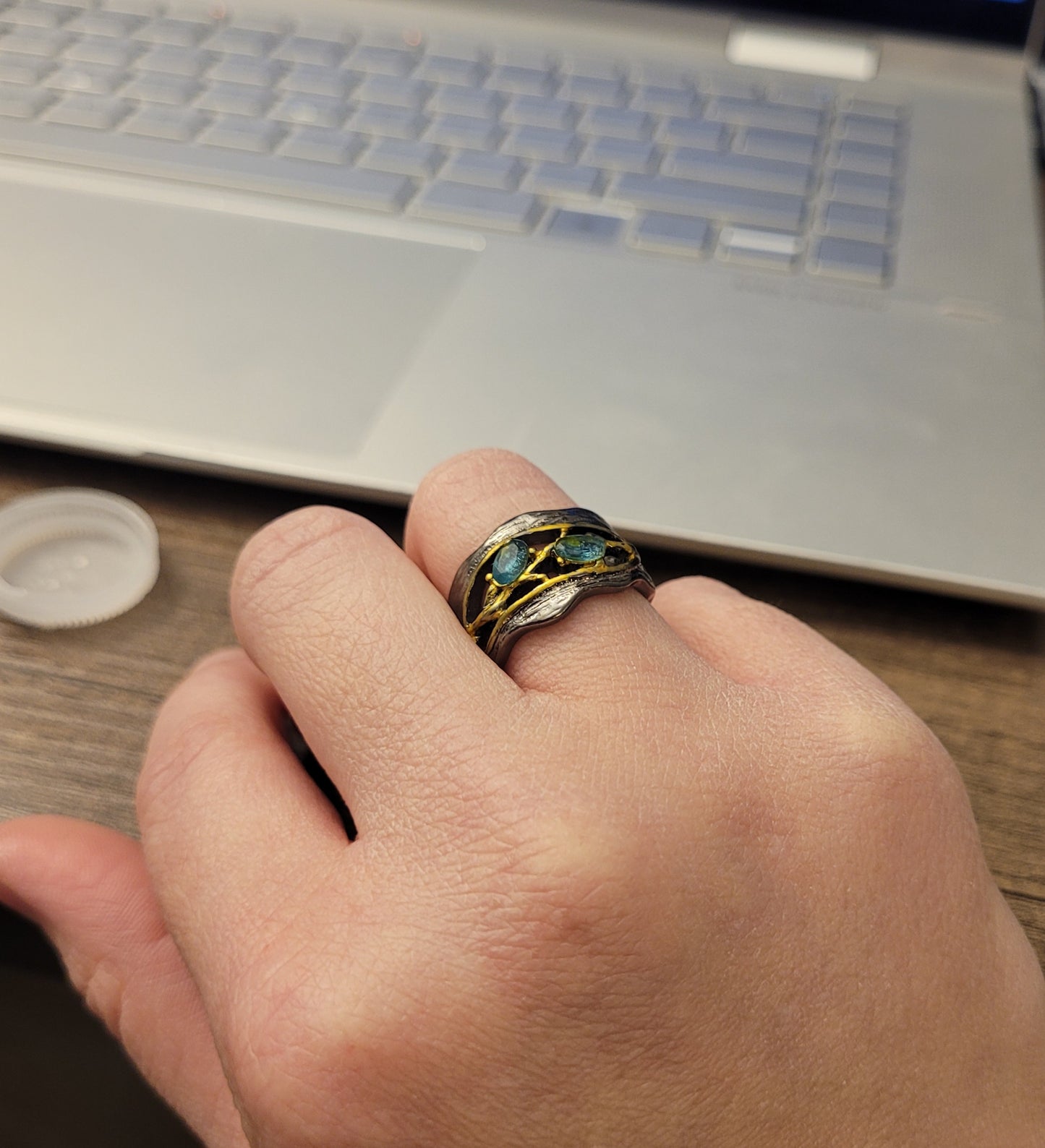 Handmade Blue Sapphire Golden Branch Black Retro Ring
