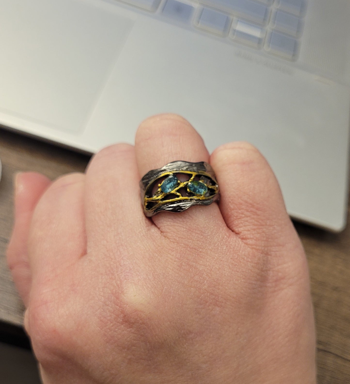 Handmade Blue Sapphire Golden Branch Black Retro Ring