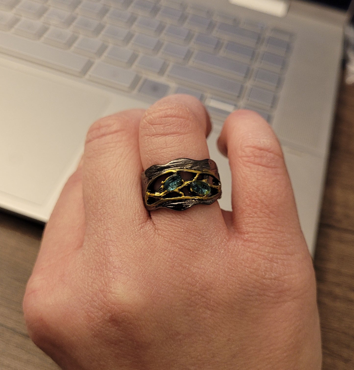 Handmade Blue Sapphire Golden Branch Black Retro Ring