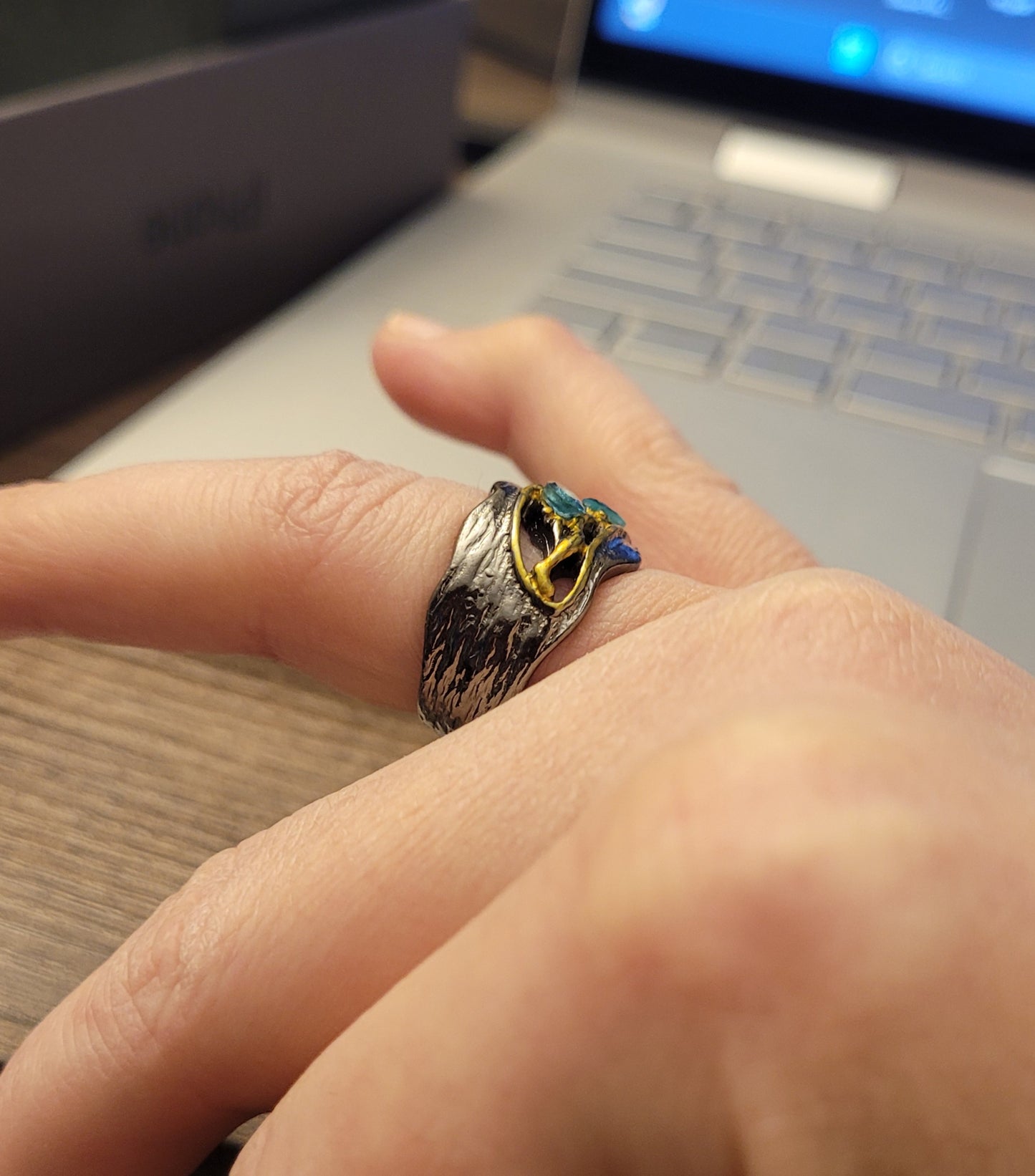 Handmade Blue Sapphire Golden Branch Black Retro Ring