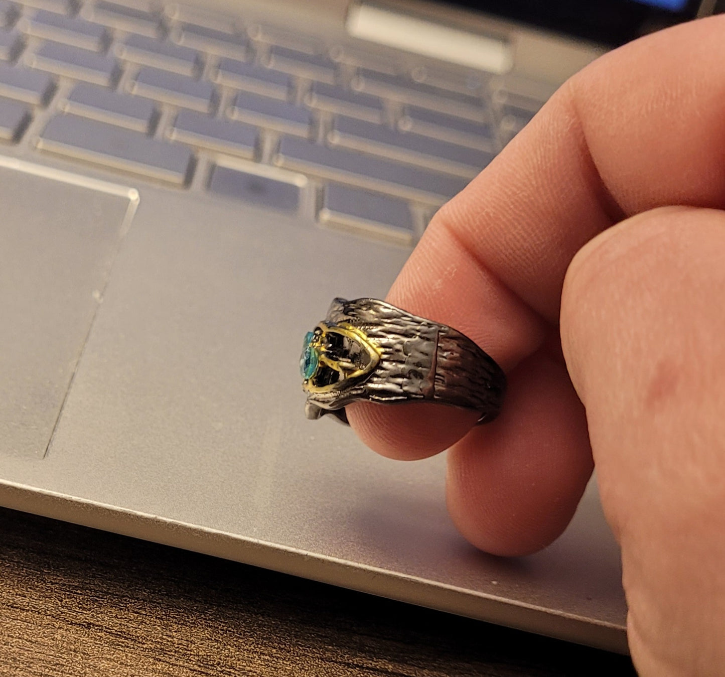 Handmade Blue Sapphire Golden Branch Black Retro Ring