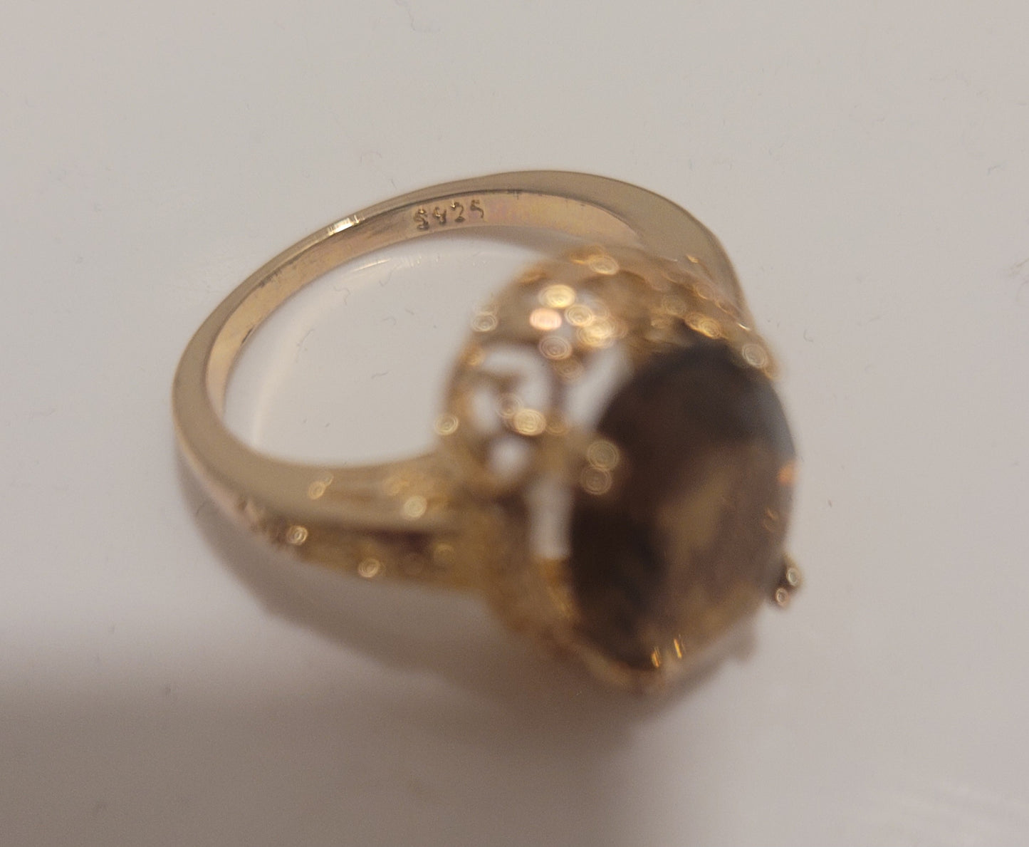 Smoky Brown Oval Stone Gold Filigree Ring S925 Silver Fill Vintage Style