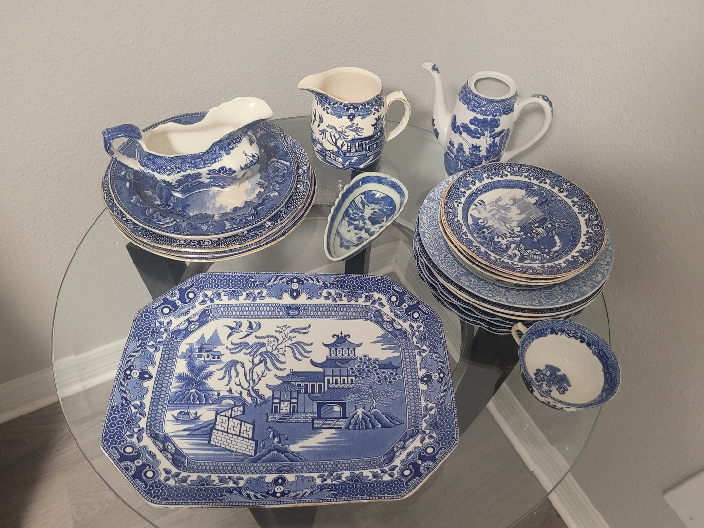 Large Blue Willow Antique Dish Set