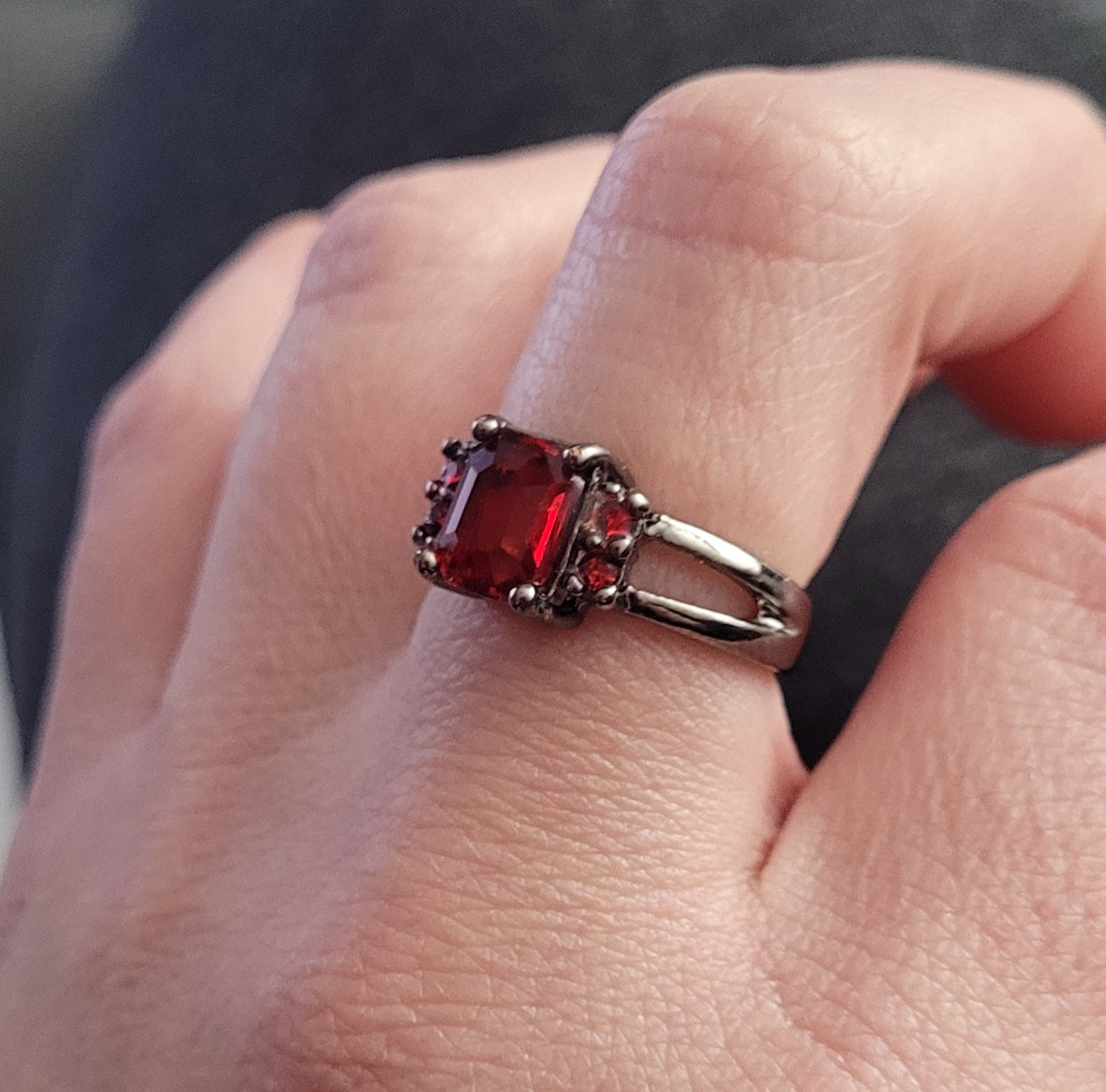 Black Gothic Ring Red Garnet Crystal Emerald Cut Statement Ring