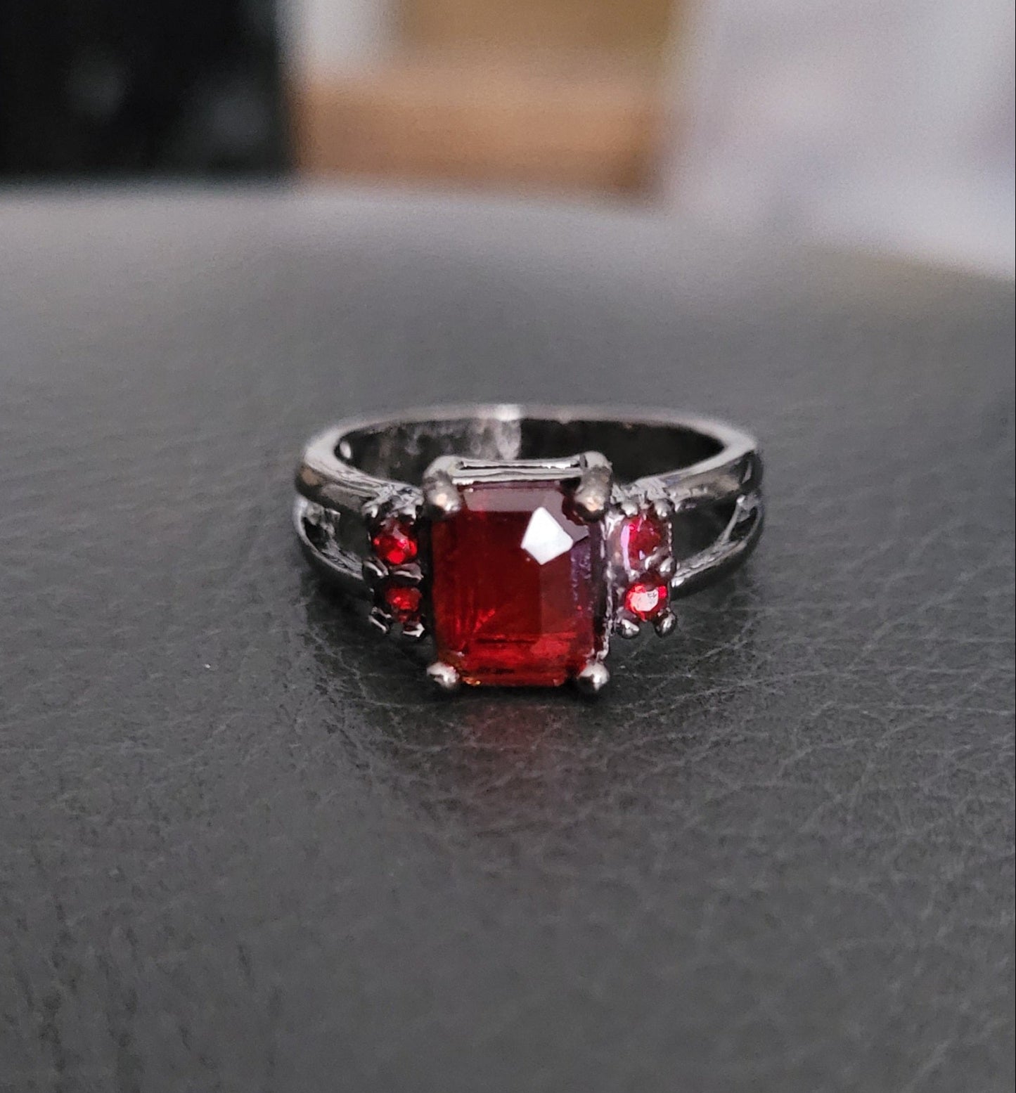 Black Gothic Ring Red Garnet Crystal Emerald Cut Statement Ring