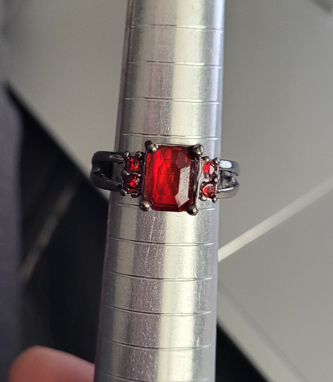 Black Gothic Ring Red Garnet Crystal Emerald Cut Statement Ring