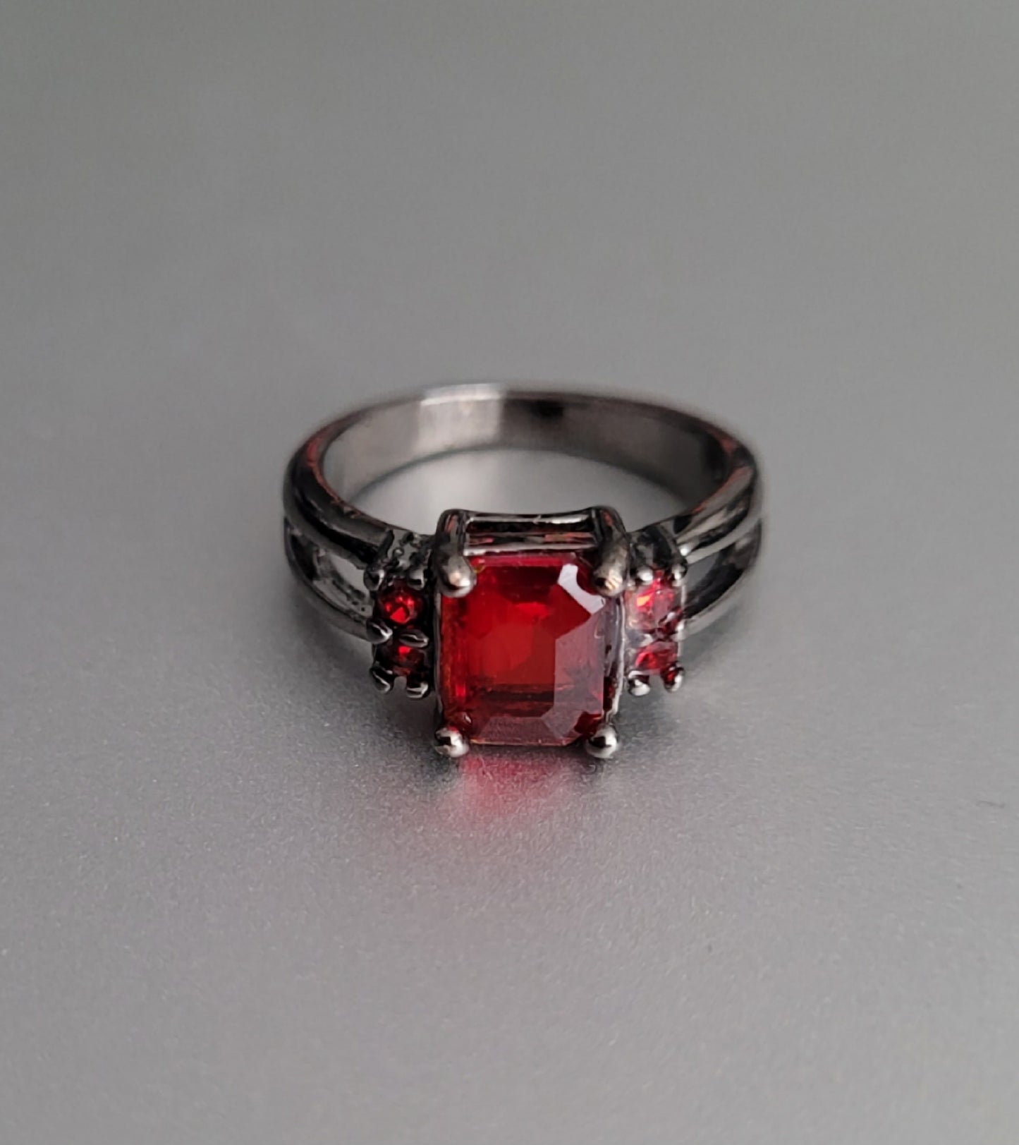 Black Gothic Ring Red Garnet Crystal Emerald Cut Statement Ring