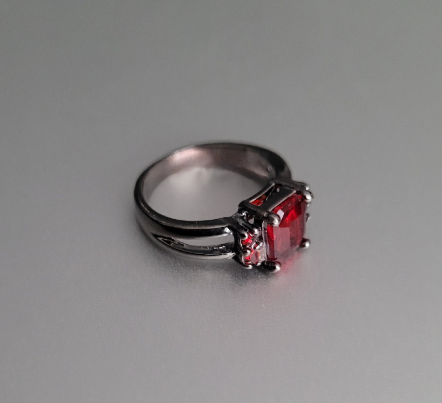 Black Gothic Ring Red Garnet Crystal Emerald Cut Statement Ring