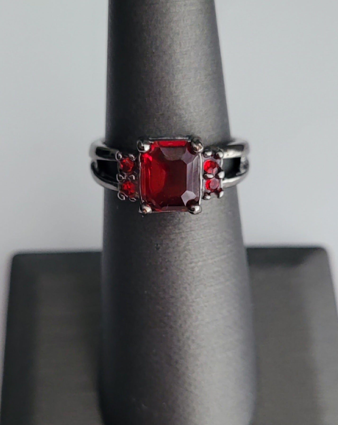 Black Gothic Ring Red Garnet Crystal Emerald Cut Statement Ring