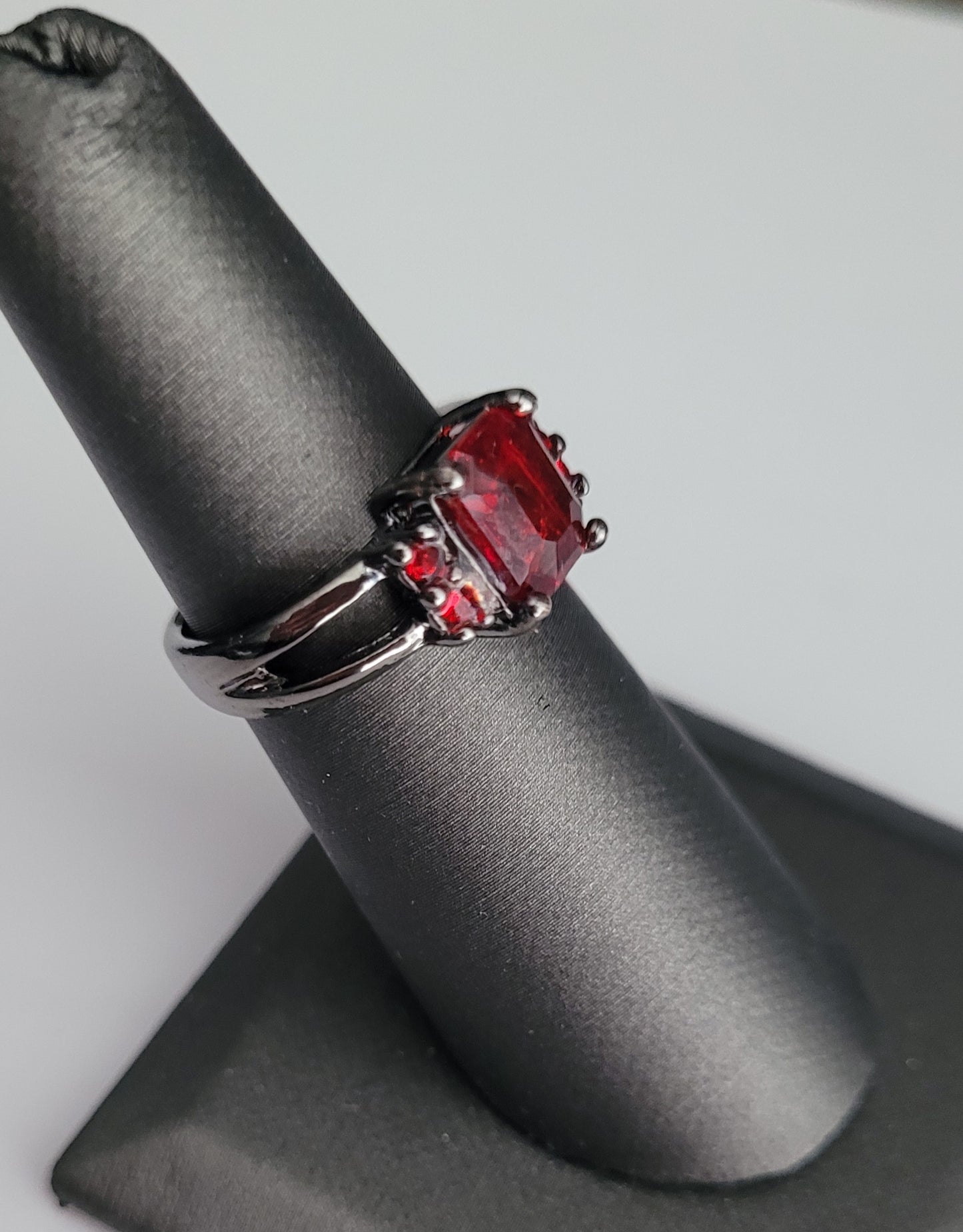 Black Gothic Ring Red Garnet Crystal Emerald Cut Statement Ring