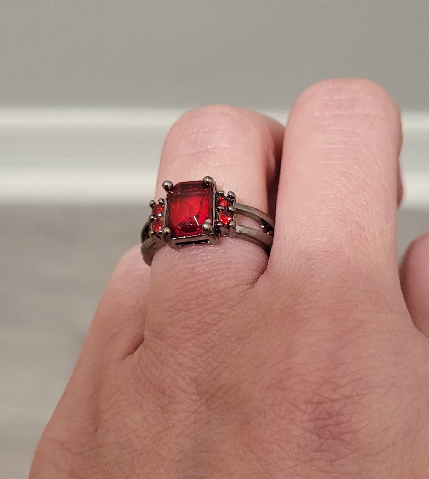 Black Gothic Ring Red Garnet Crystal Emerald Cut Statement Ring