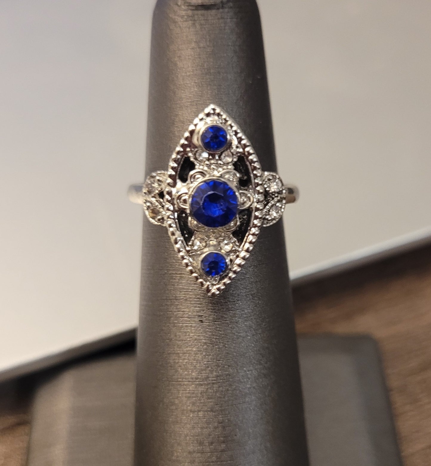 Vintage Blue Sapphire Marquise Antique Art Deco Silver Ring