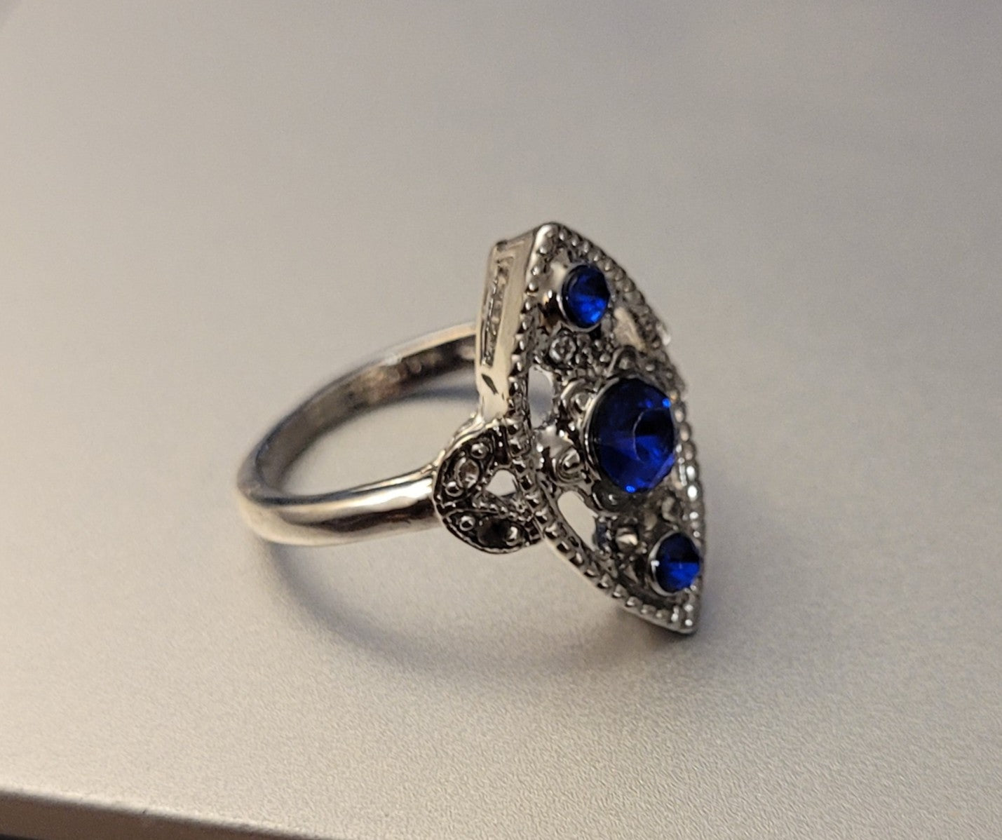 Vintage Blue Sapphire Marquise Antique Art Deco Silver Ring