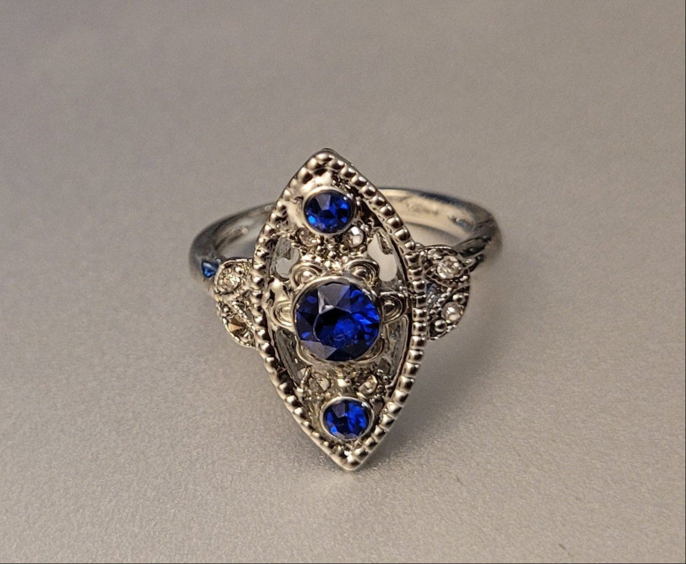 Vintage Blue Sapphire Marquise Antique Art Deco Silver Ring